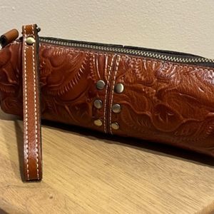 Patricia Nash Brown Leather Floral Embroidered Wristlet Bag